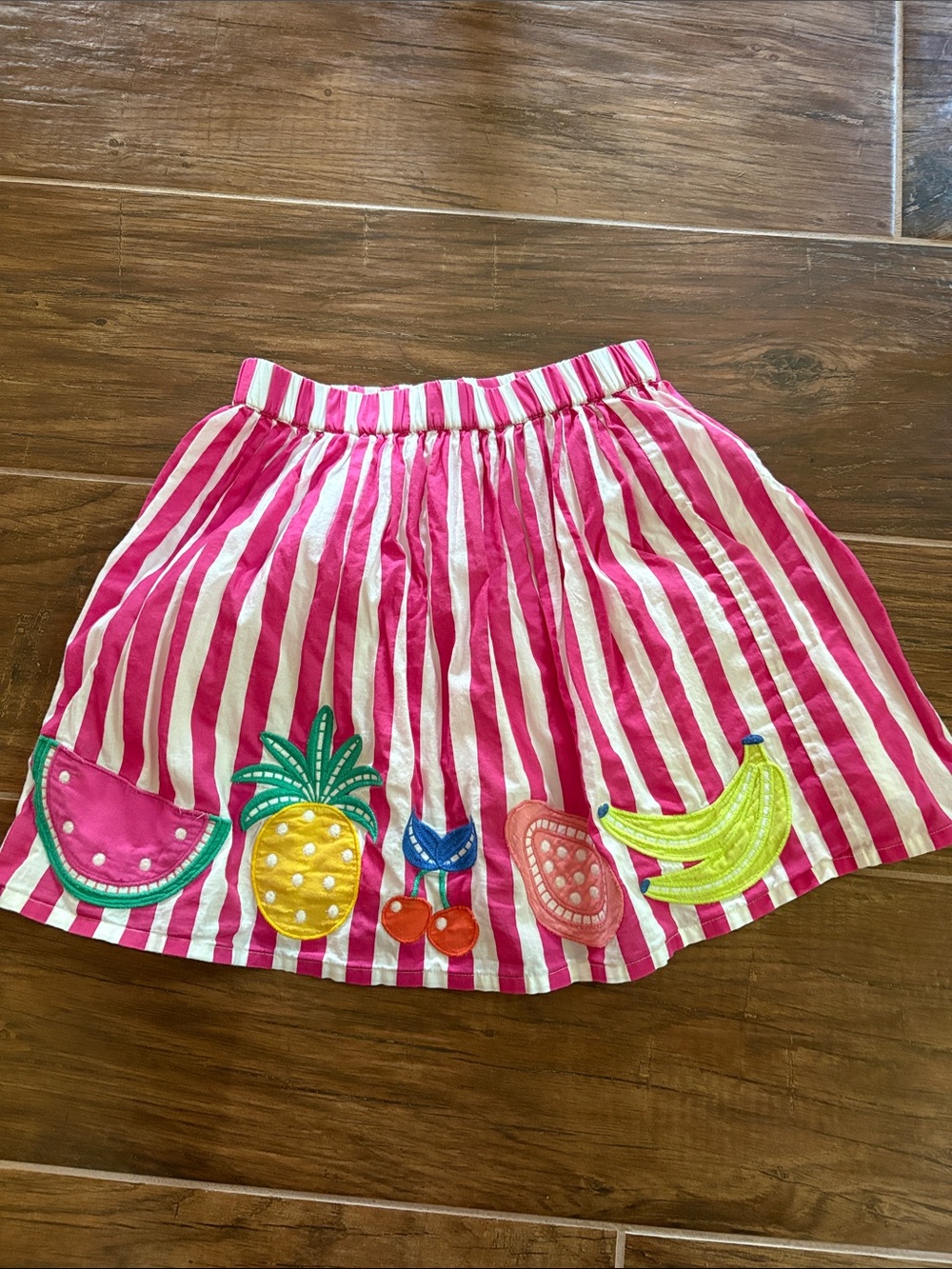 Mini Boden Pink & White Striped Fruit Appliqué Skirt